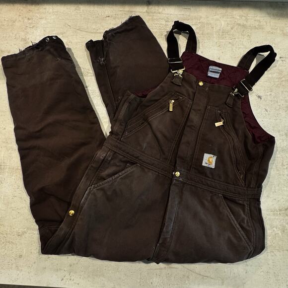 Carhartt R38 BRN 34 x 32 Insulated Bib Overalls Double Knee Zip to Waist Work - Picture 1 of 10